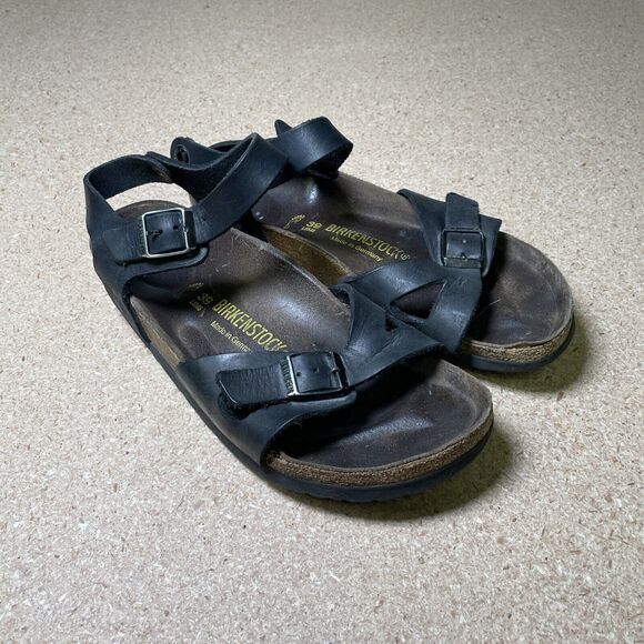 Birkenstock Birkis Rio Birko Sandals Buckle Black Leather Womens Size EU 39 US 8 - Picture 1 of 7